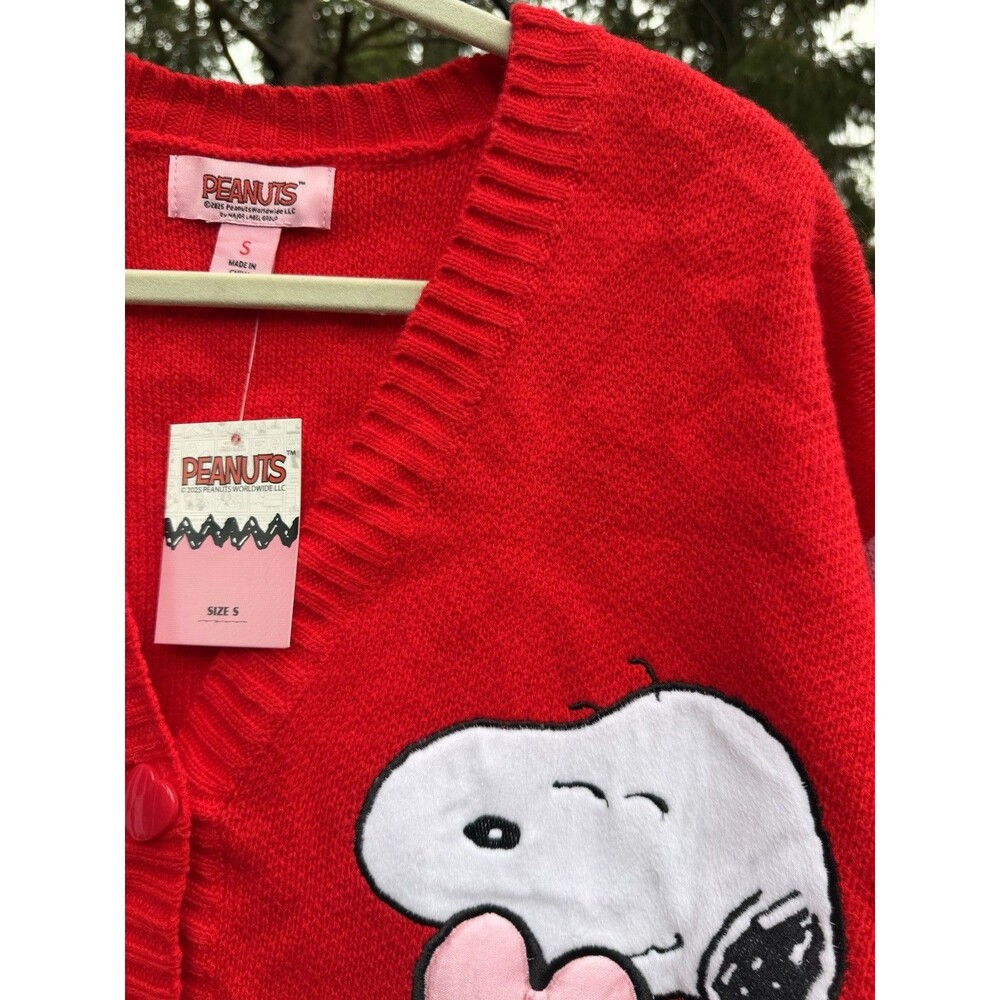 Peanuts Snoopy Heart Check Knit Cardigan Sweater Acrylic V-Neck S NWT - Picture 3 of 9